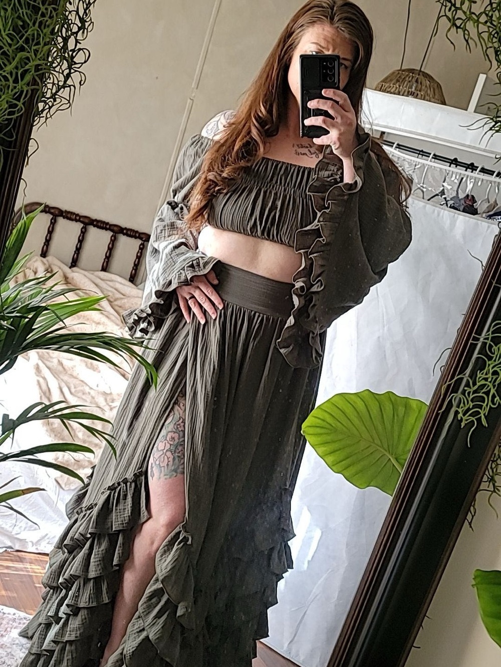 Olive Ruffle Maxi Dress with Smocked Bodice - Women